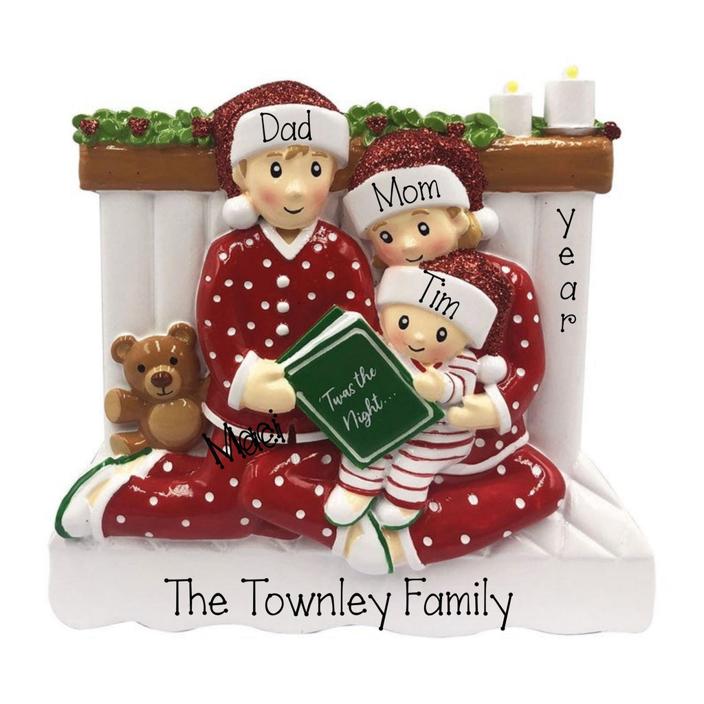 Reading In Bed Family of 3 Personalized Christmas Ornament ~ Family Of 3 Christmas Ornament ~ Personalized Family Gifts ~ Christmas Family